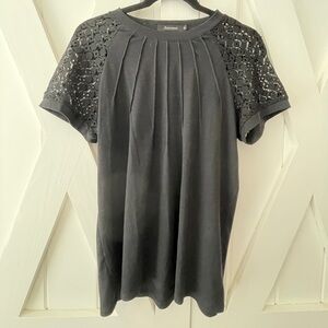 Elegant Black Pleated Blouse with Lace Sleeves